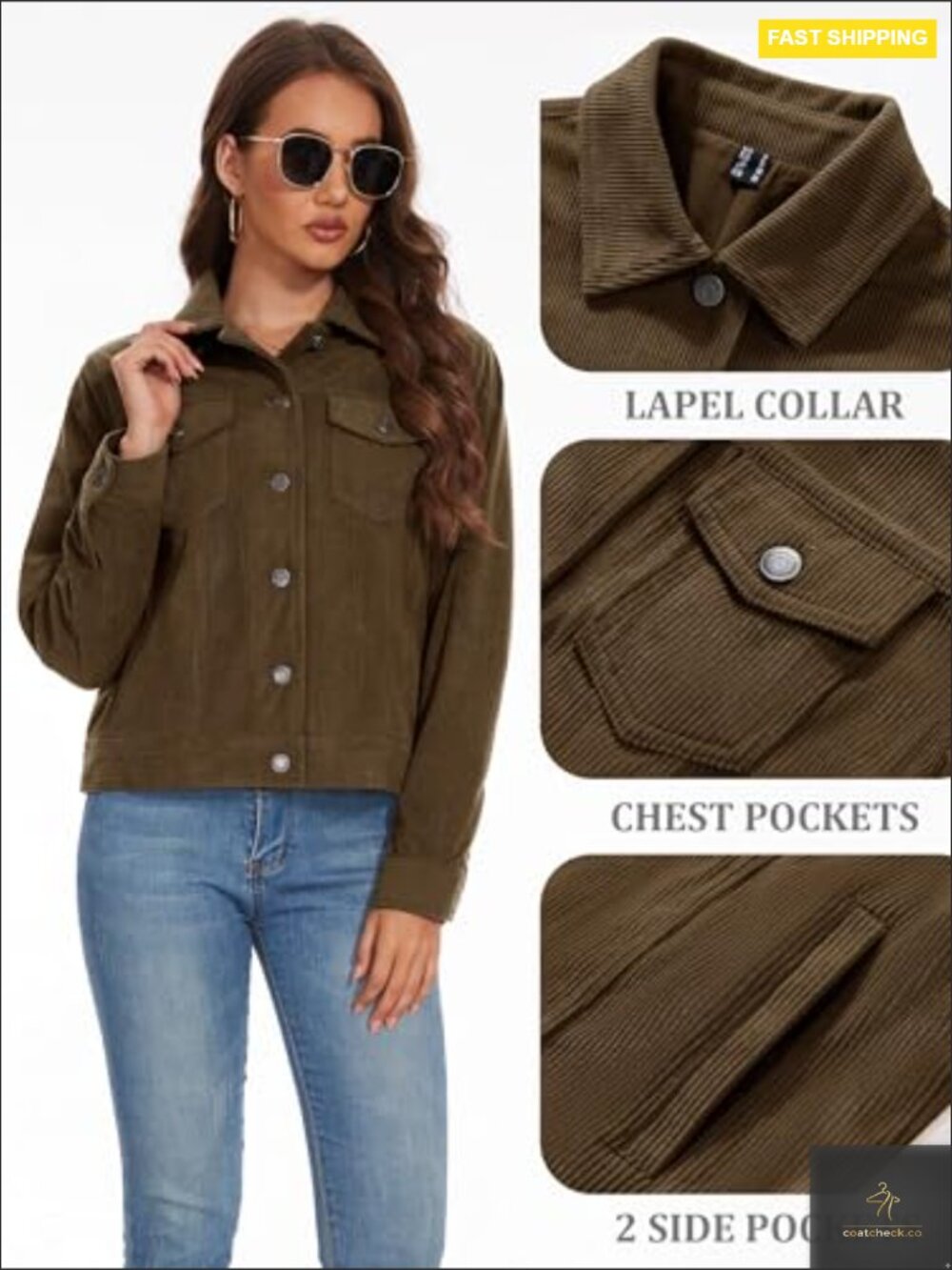 Cropped Corduroy Jacket Button Down Shacket Long Sleeve Flap Pockets Casual - Picture 4 of 7